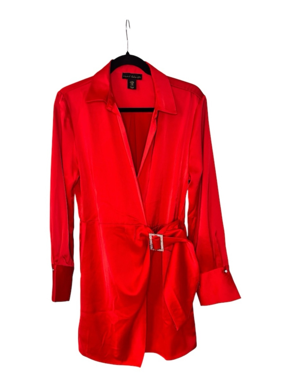 House of Harlow 1960 Red Satin Wrap Shirt Dress Rhinestone Buckle Long Sleeve M
